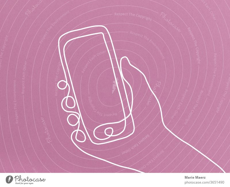 Mobile phone in the hand - line drawing Neutral Background mobile Communicate distraction Addiction Chat by hand Lifestyle Information Curiosity