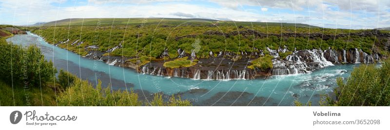 Panorama of the Hraunfossar in Iceland Hraun's fossil Waterfall Waterfalls cascade River Hvítá Húsafell Reykholt.hvita Nature Landscape worth seeing