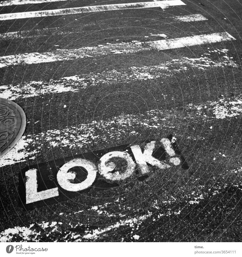Life Insurance Street Zebra crossing Word Clue watch Caution B/W manhole cover Gully Warn Letters (alphabet) look Wacky Trashy Broken functional Protection
