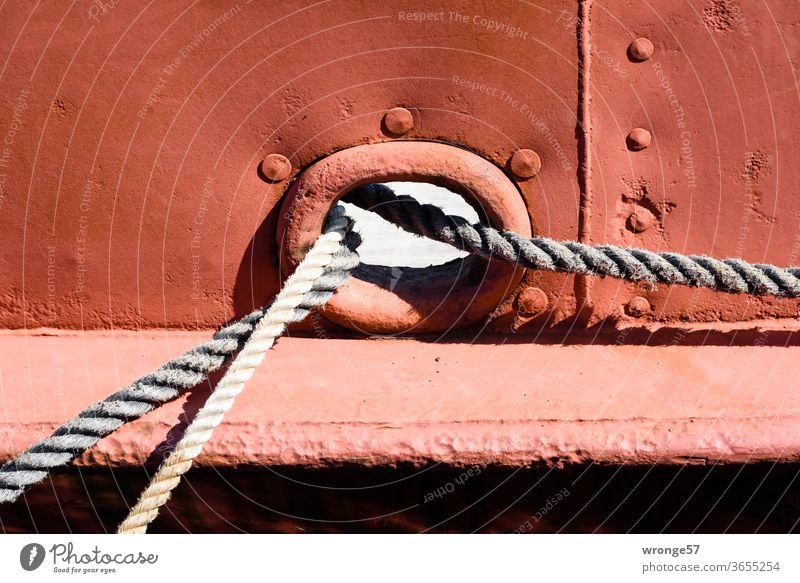 Hawse lines and mooring lines hawse opening Ship's side bulwark ship's side Linen ropes Colour photo Deserted Navigation Exterior shot Maritime Day Harbour