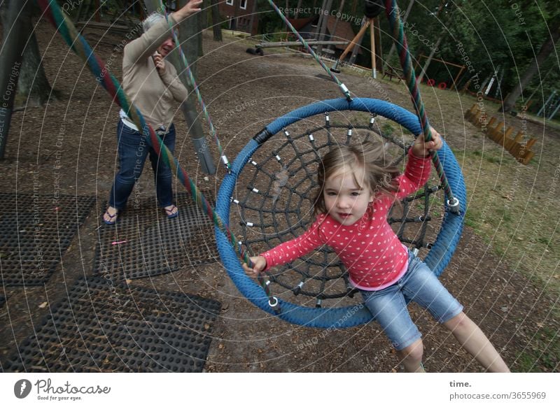get one's act together girl To swing enthusiastically Movement Playground jeans Blonde out Swing To hold on push watch Daughter Mother