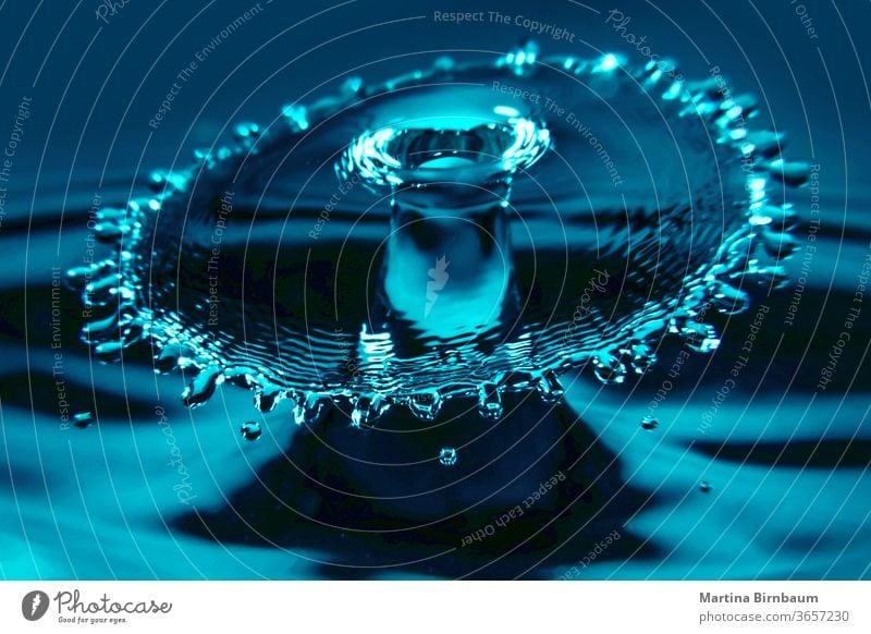 Colliding water drops forming a water umbrella splash light fresh liquid blue clean abstract nature macro wave transparent isolated purity color background