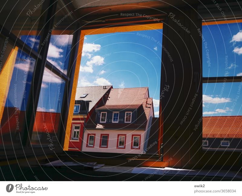 résumé Window House (Residential Structure) Roof Skylight Clouds luminescent Glittering Roofing tile Exterior shot Detail Day Deserted Colour photo Blue built