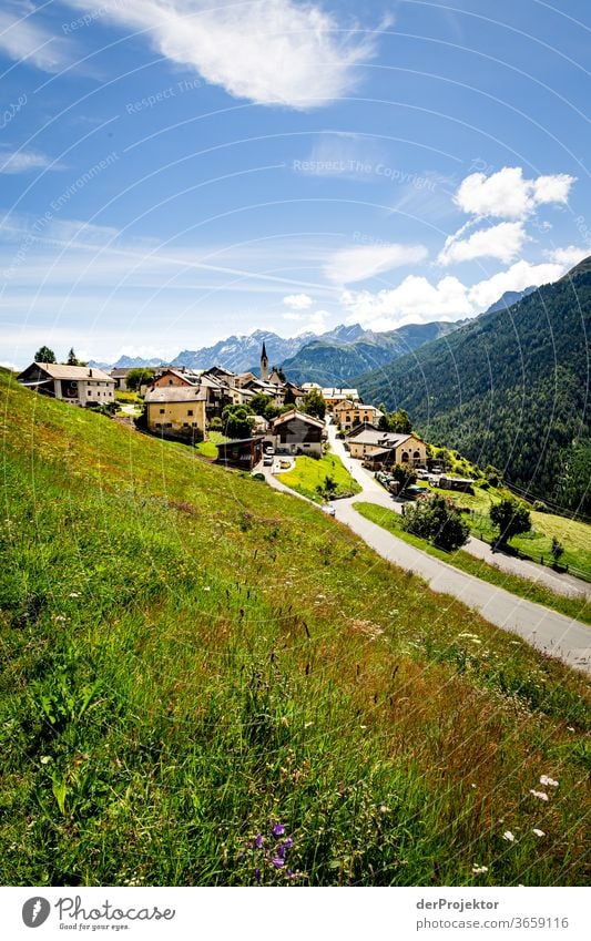 Mountain village Guarda in Graubünden Exterior shot Alps Nature Hiking Copy Space right Long shot Copy Space left Copy Space top Summer Far-off places