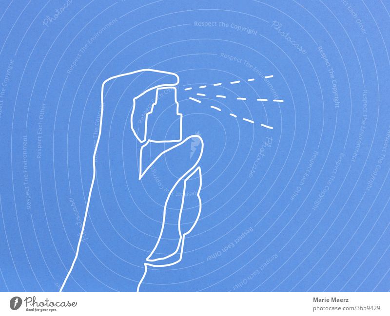 Line drawing of a hand spraying with a spray bottle Spray disinfectants disinfect sb./sth. Spray bottle by hand Drawing Near Neutral Background Blue Abstract