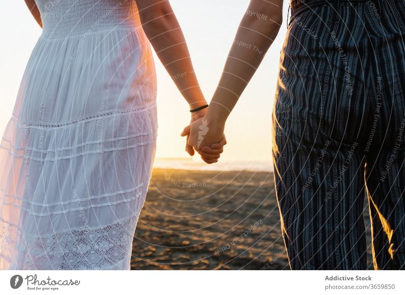 Crop couple of women holding hands on beach lesbian sunset lgbt together unity relationship girlfriend love tolerance same sex homosexual summer bonding freedom
