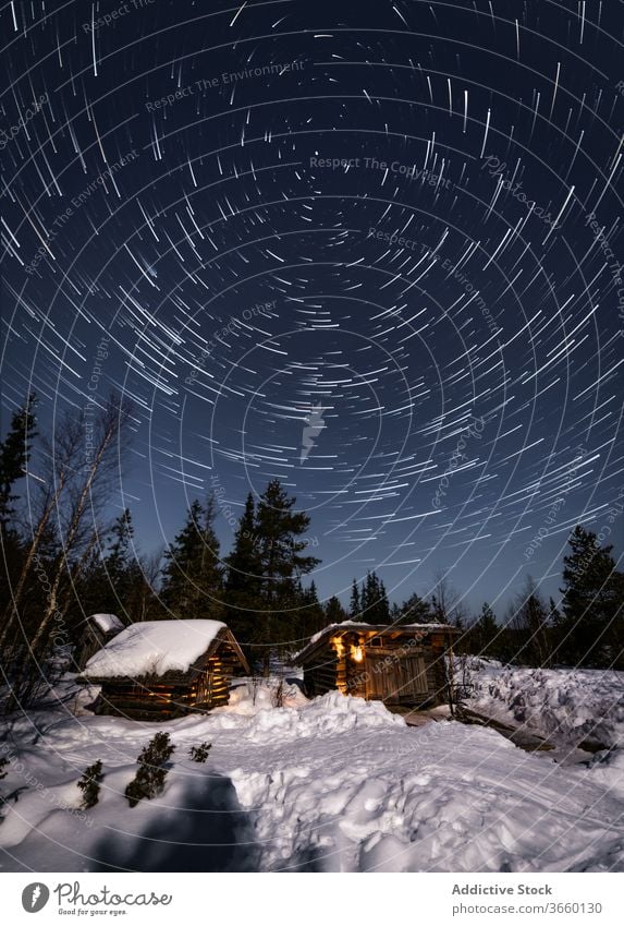 Wooden cottages in winter forest at night house snow starry nature landscape cozy wooden picturesque terrain coniferous evergreen pine cold tranquil scenic