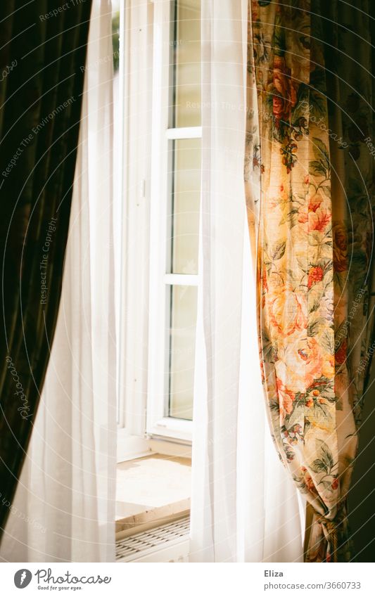 Opened window with curtains and flowered curtains drapes Window open Floral Flowery pattern Ventilate Sunshine Light aerate Flat (apartment) Curtain Drape