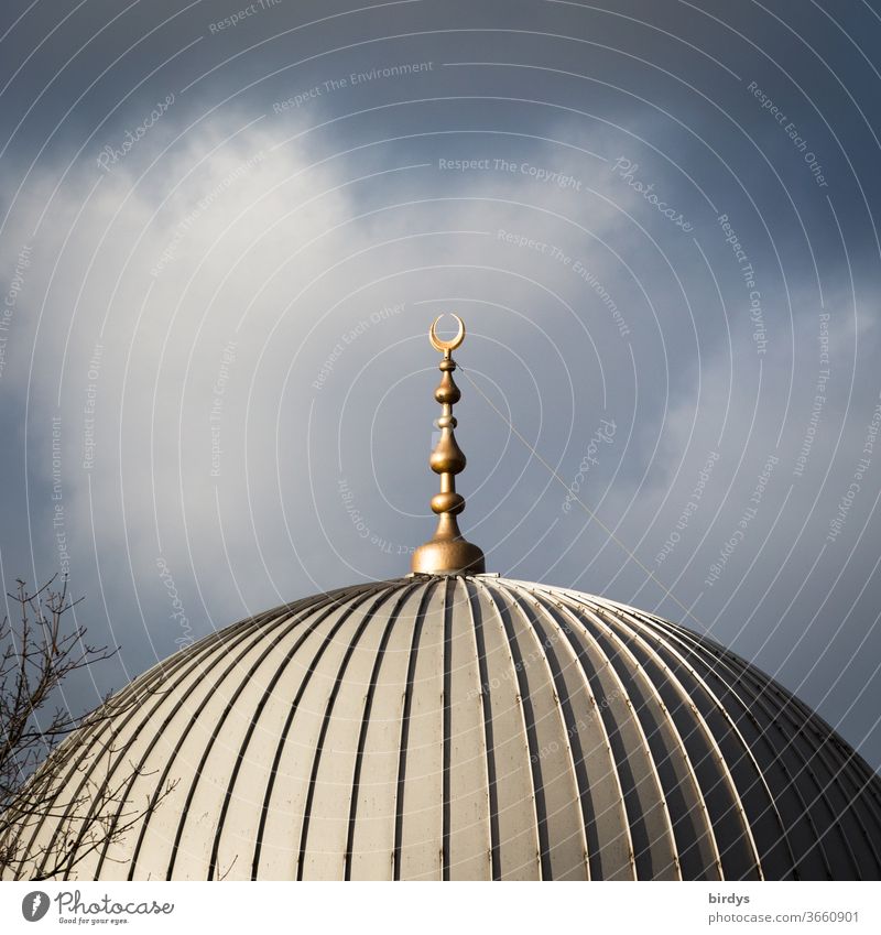 Ditib Mosque in Wesseling - NRW Islam Domed roof wesseling DITIB Clouds Sky evening light crescent moon religion Belief reflection Germany religious symbol