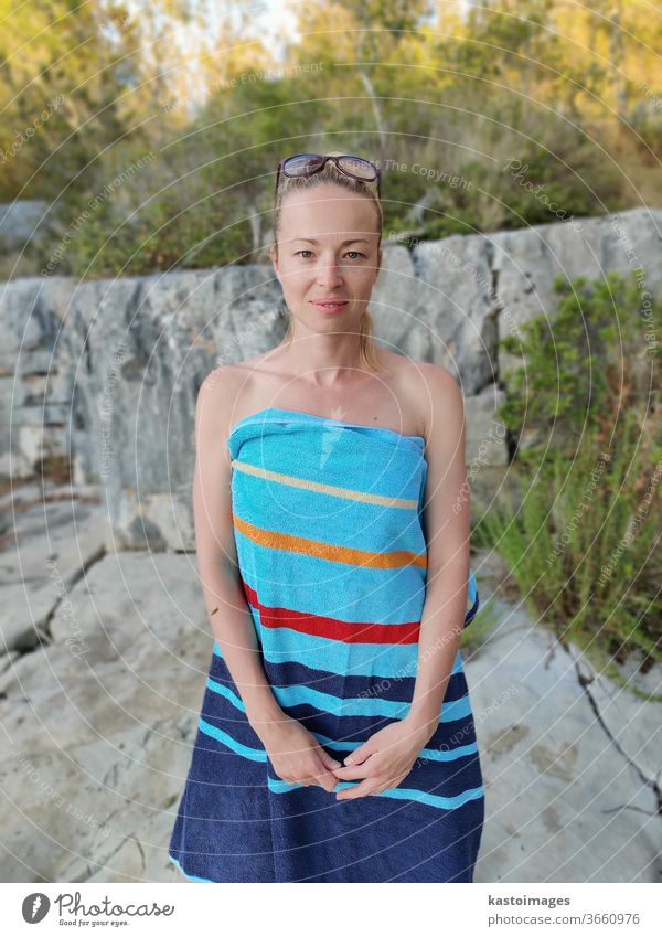 Portrait of woman wrepped in beach towel after evening swimm woman," Beach Towel Summer Vacation & Travel Summer vacation Tourism Relaxation Exterior shot Coast