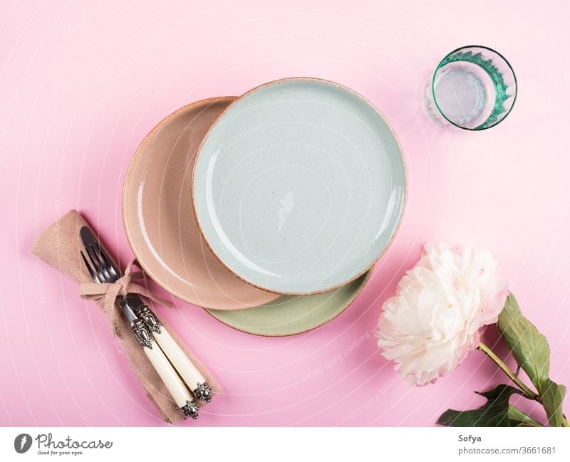 Pastel color dishes on pink tableware crockery pastel ceramic flower background dinnerware dishware design kitchenware set food summer spring plate party cup