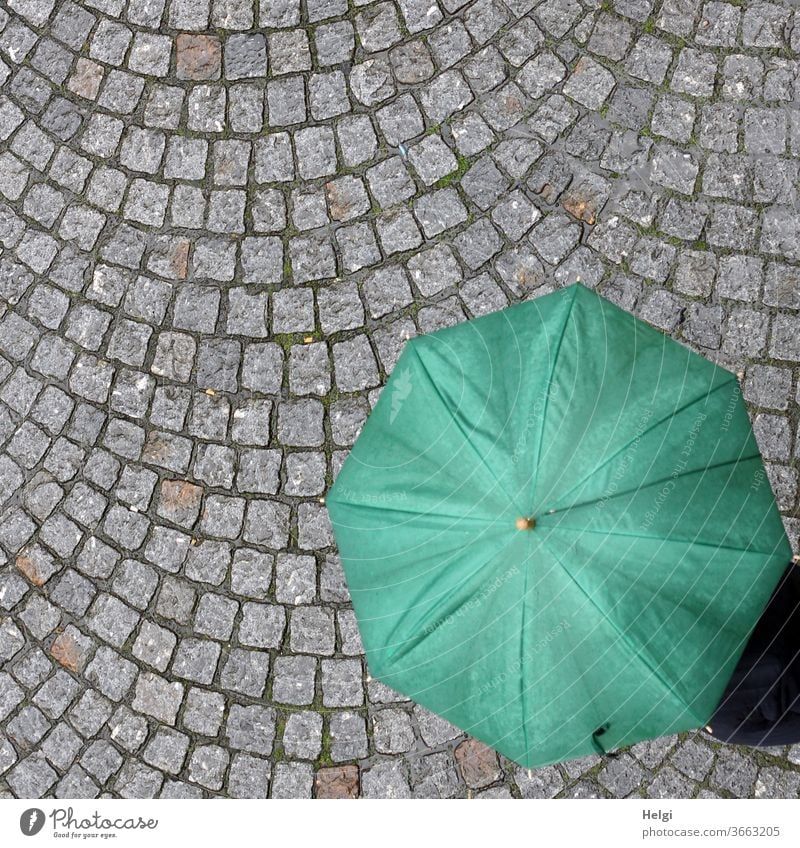 rainy day - green umbrella with a person under it on grey cobblestones from a bird's eye view Rain Umbrella Paving stone Street Bird's-eye view Exterior shot