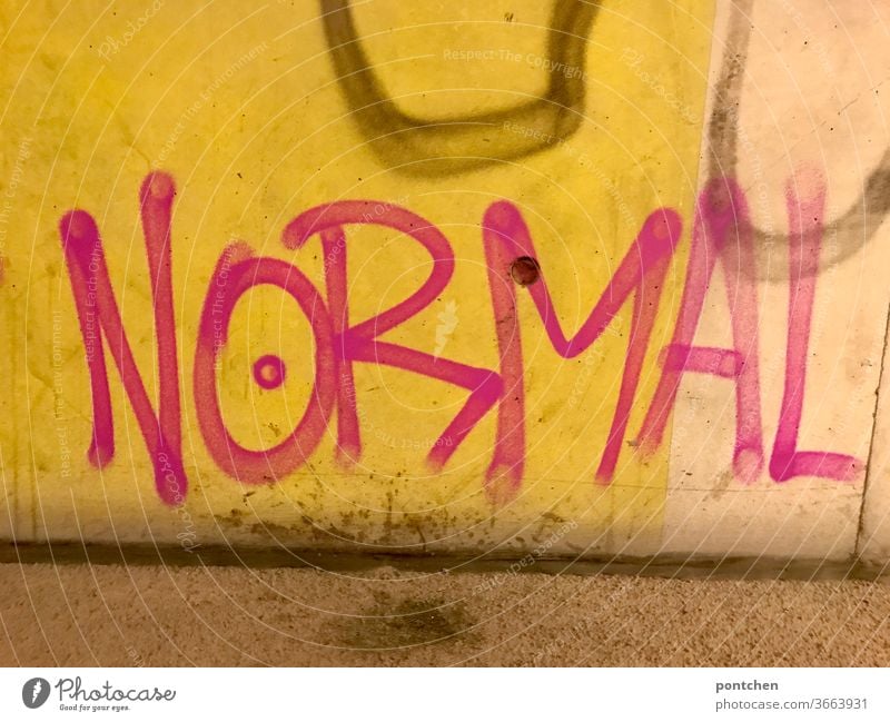 The word normal as graffiti on a wall in an underpass Normal Word Graffiti Characters Wall (building) Wall (barrier) Letters (alphabet) Text Daub everyday life