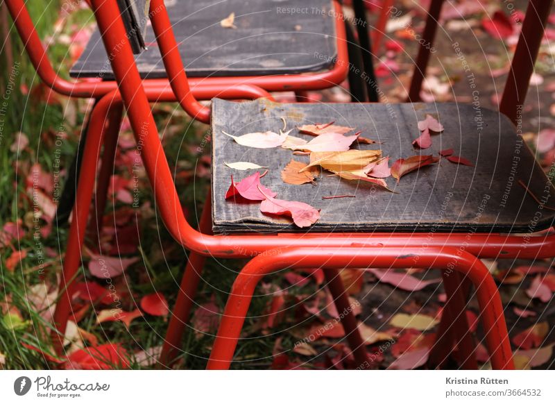 autumn leaves on the garden chair Chair Autumn leaves autumn colours Autumnal Garden Café Terrace Beer garden Nature idyllically Picturesque Appealing
