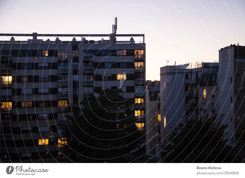 Evening hour: the lights are switched on High-rise Flat (apartment) Apartment Light Lighting Twilight Homey Town Building Architecture Window Facade Neighbours