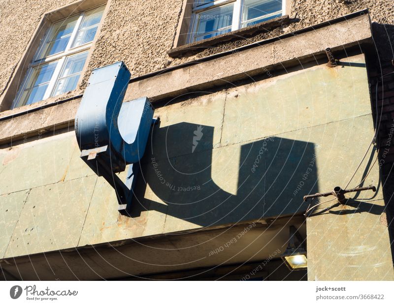 Entrance to the subway in Mitte Sign House (Residential Structure) Facade Shadow play U Station Window Worm's-eye view Network Mobility Blue Retro