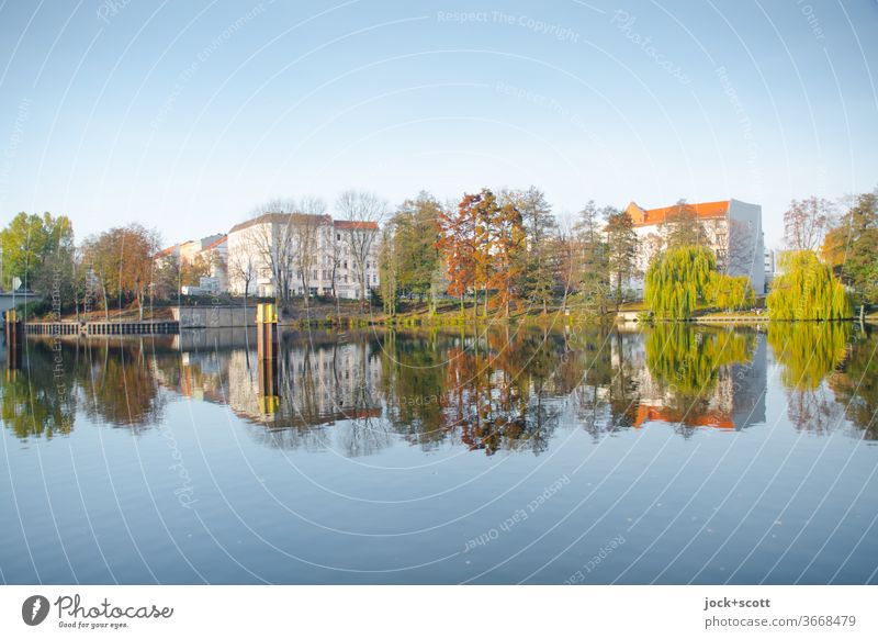 Nordhafen in the mirror of time Panorama (View) Reflection Sunlight Abstract Inspiration Cloudless sky Surface of water as smooth as glass Beautiful weather