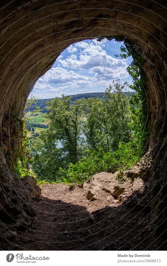 View from a cave at the Happurg reservoir mountains Cave rocky Summer Hiking Nature Mountain Landscape Rock Tourism Vacation & Travel Exterior shot Trip