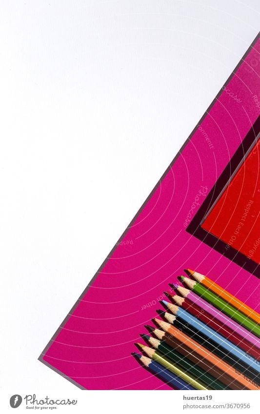 Back to school supplies, notebooks, colored pencils education background office accessories colorful paper copy learning student space group equipment desk