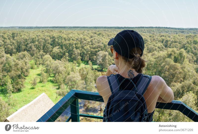 young woman enjoys the view Woman Young woman Vantage point Vietnam Mekong Delta Close-up Landscape Lookout tower Asia Roof hut Tra Su Cajuput Forest Weather