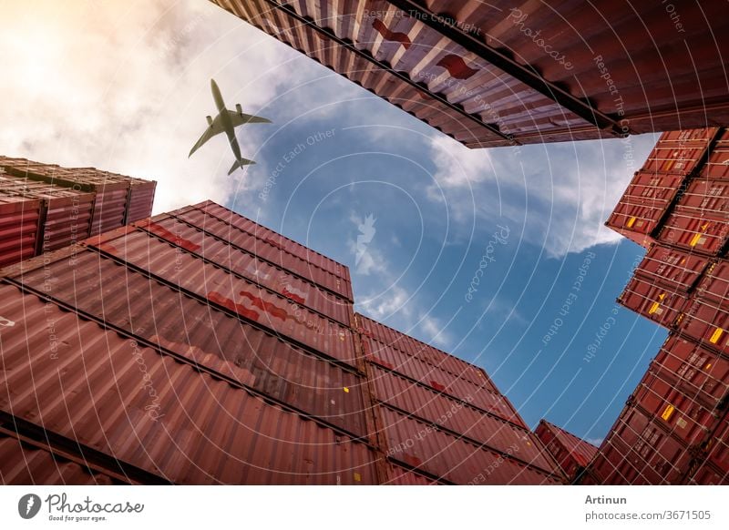 Airplane flying above container logistic. Cargo and shipping business. Container ship for import and export logistic. Logistic industry from port to port. Container at harbor for truck transport.