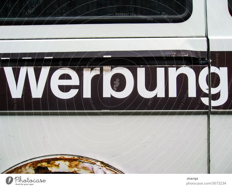 advertising media Advertising Characters Bus Brown White Typography Rust Metal side view Advertising space