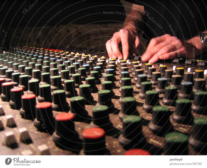 Mixer at work Mixing desk Dark Hand Controller Buttons Workshop Radio (broadcasting) Perspective Music