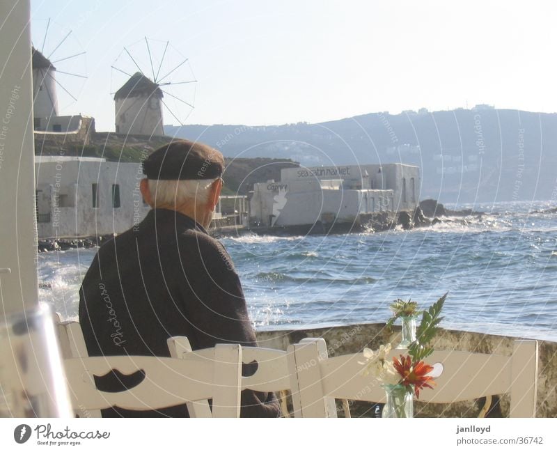 longing Man Ocean Chair Table Greece Beach Looking Old