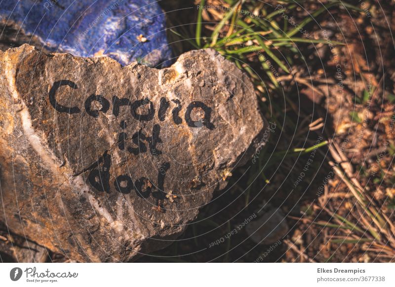 Heart-shaped stone with saying: Corona is stupid corona Stone Painting (action, artwork)
