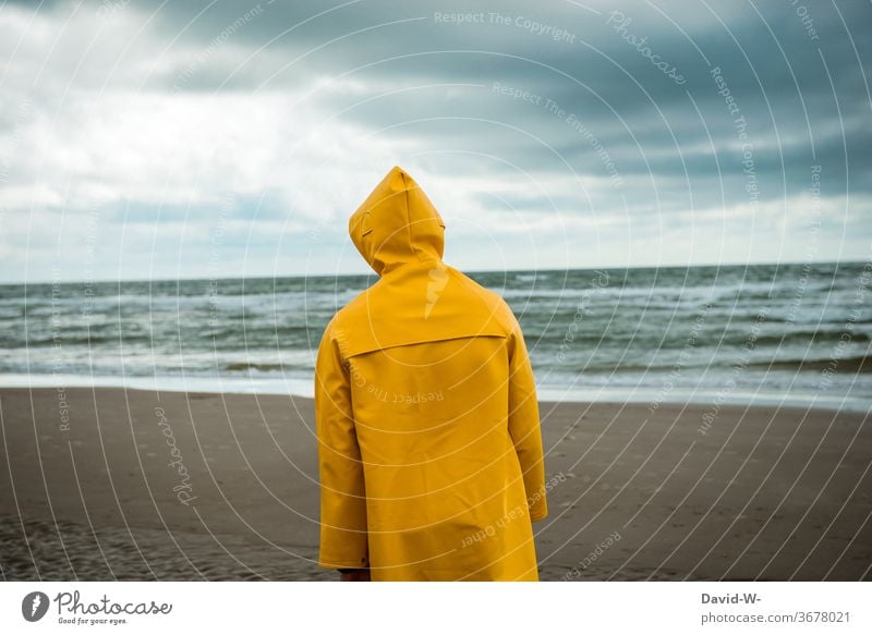 Man strolls along the beach with Frisian mink Beach friesennerz Storm Weather Change in the weather Rain jacket Sky Bad weather Storm clouds Yellow Ocean ocean