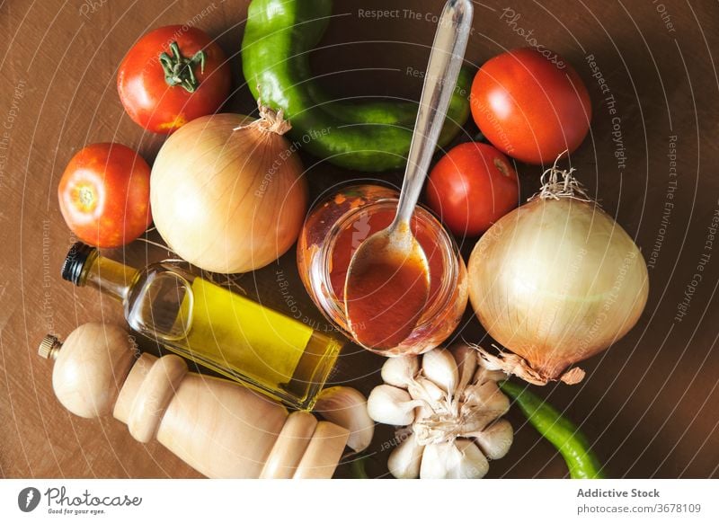 Fresh ingredients for homemade sauce bolognese prepare pepper garlic tomato onion oil food vegetable organic spice aromatic cook kitchen fresh cuisine meal