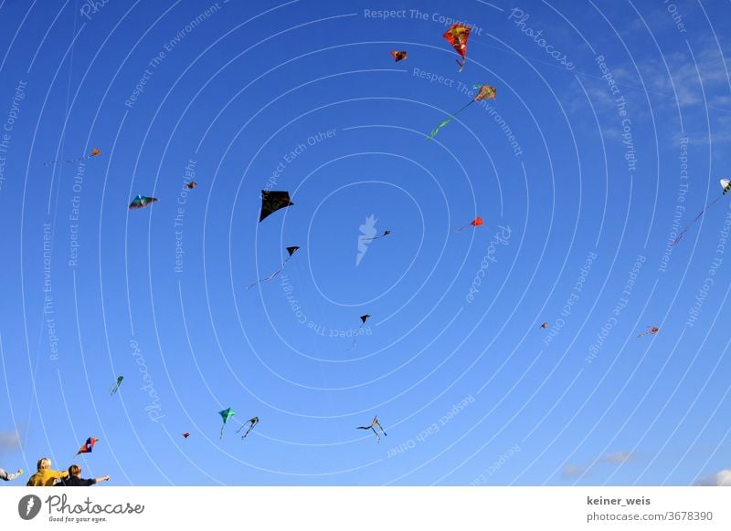 Many flying kites against a blue sky and two children small at the bottom of the picture hang gliders Wind chime wind chimes free time Flying Sky Air