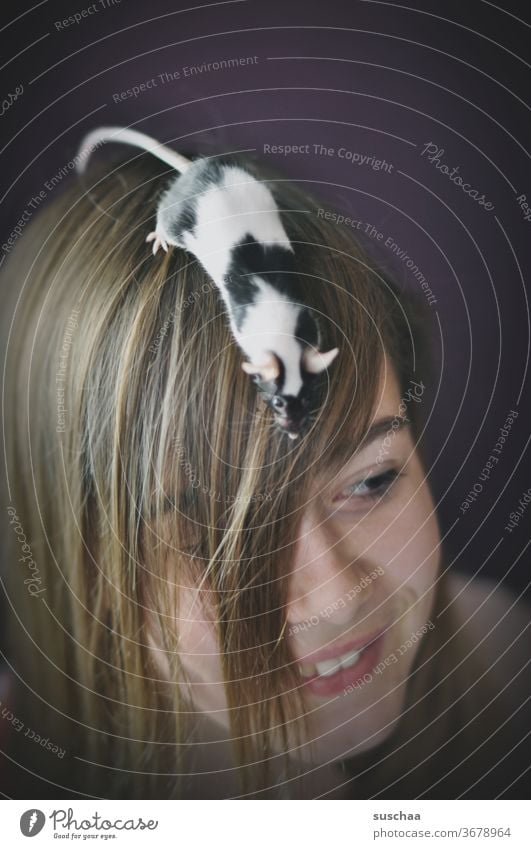 colour mouse on the head of a teenager Child girl Youth (Young adults) Puberty Hair and hairstyles Face youthful Head Whimsical portrait smile Animal Pet Mouse