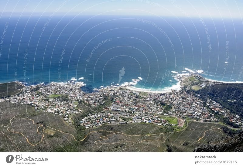 Aerial View of Cape Town Sea and Coast Settlement sea cityscape waves seacoast South Africa topography landscape ocean panorama tranquil scene water seaside