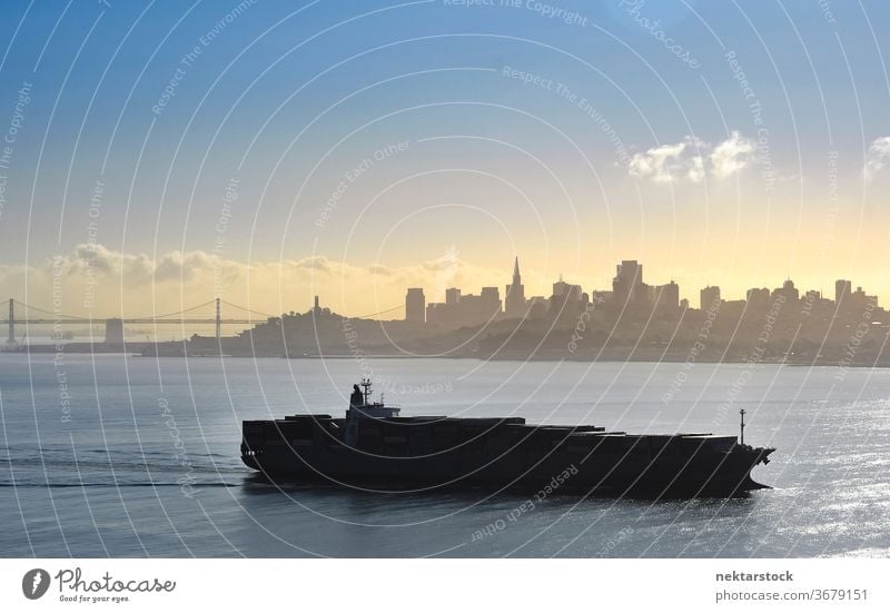 San Francisco Bay City Skyline and Boat Silhouette city yacht water bay San Francisco bay silhouette boat skyline distant transport sailing no people nobody