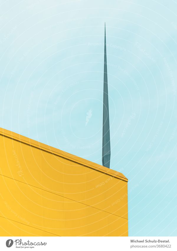 Yellow building corner with spike minimal graphically colors shape Geometry abstract Abstract Colour Square harmony Blue cyan Facade Corner built geometric Sky