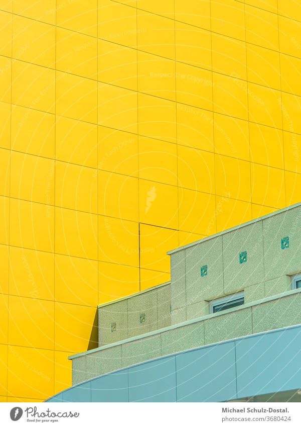 Green house in front of yellow facade minimal graphically colors shape Geometry abstract Abstract Colour Square harmony urban Architecture Line Yellow cyan