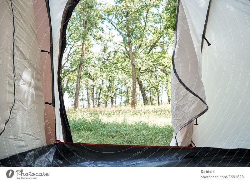 Inside view of camping tent on forest in sunny morning tourist inside background tourism nature wild grass trip tree activity adventure outdoor summer travel