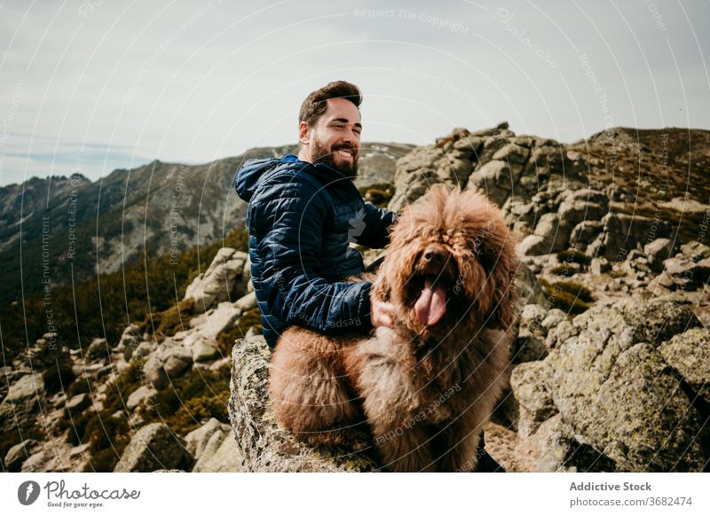 Male hiker with dog in mountains man rest trip sky smile happy overcast puerto de la morcuera spain male stone labradoodle cheerful cute journey nature sit rock