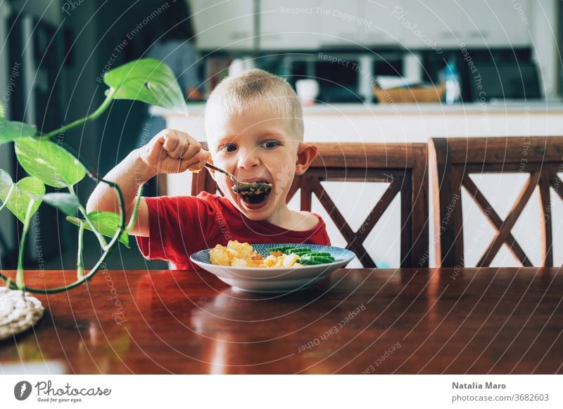 Cute child, preschool boy, eating veggies for lunch in the dining room kid childhood food happy spoon mouth cucumber potato hungry vegetable joy caucasian
