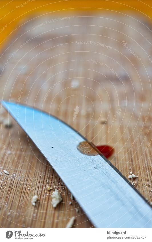 Knife, fork, scissors, light... Knives Blade board wood Metal sharp cut Eating cake Brown Cooking Deserted Board Steel Patch blossom Ketchup Crumbs Bread