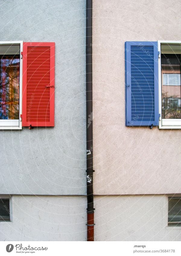 neighbors Facade Window Neighbor neighbourhood shutters Red Blue Rain gutter antagonism feminine Male Symmetry