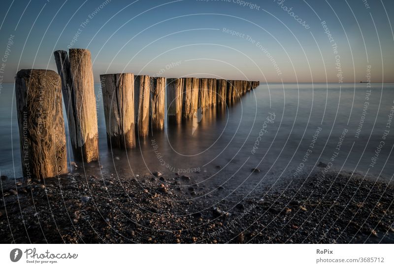 Long time exposure of groynes in the Baltic Sea. Beach beach Coast Ocean sea ocean Sandy beach stake stakes beach fixation Nature forces of nature Tide tides