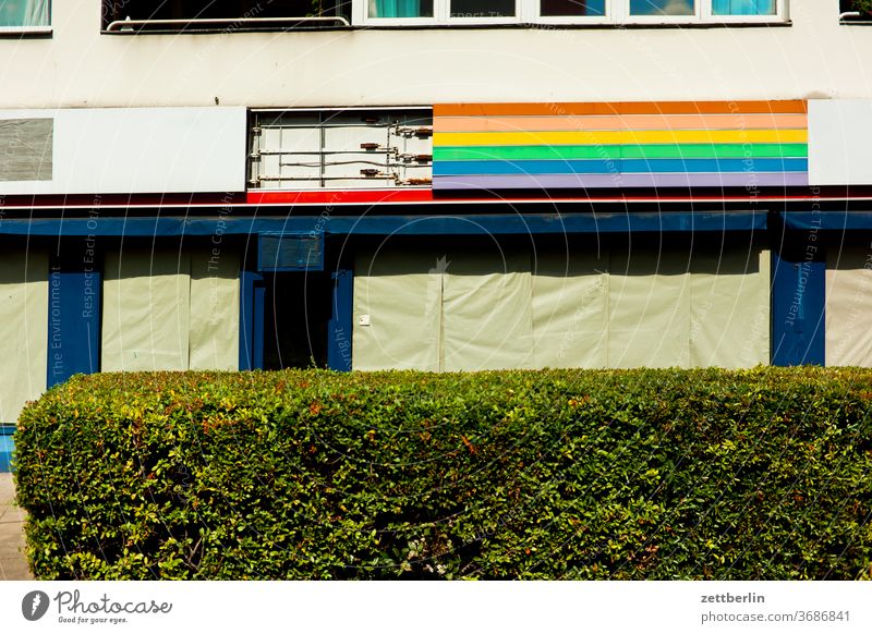 Outdoor advertising in rainbow colours Architecture Berlin office city Germany Capital city House (Residential Structure) downtown Deserted Middle Modern