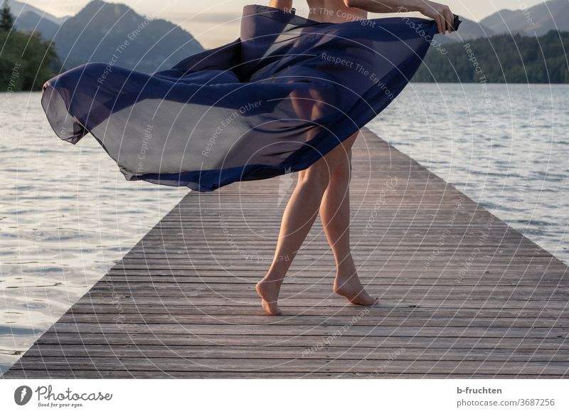 Summer morning, dance on the wooden jetty Lake Dance Joy Playing Movement Happiness Human being Joie de vivre (Vitality) Exterior shot Feminine Life Woman Ease
