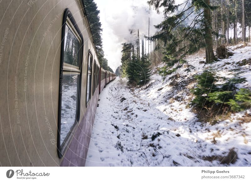 Winter trainride Harz horizontal image snow steam steamtrain journey travel transportation
