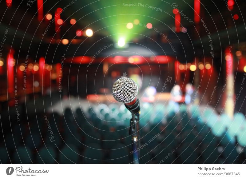Microphone in Empty club microphone empty stage beamer lights focus depth of field corona culture seats seating audience no people