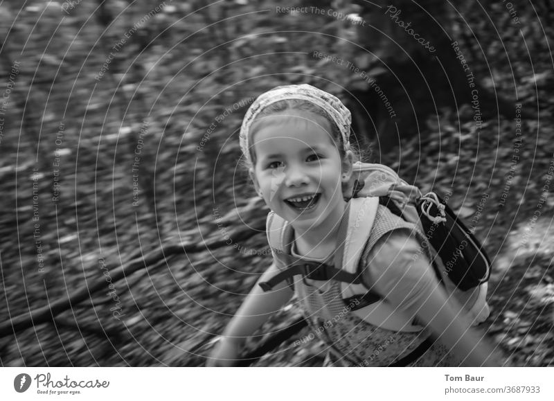 Girls hiking girl Hiking pool Backpack Headscarf Black White Black & white photo Face Nature Hair and hairstyles Looking Eyes portrait Child Infancy