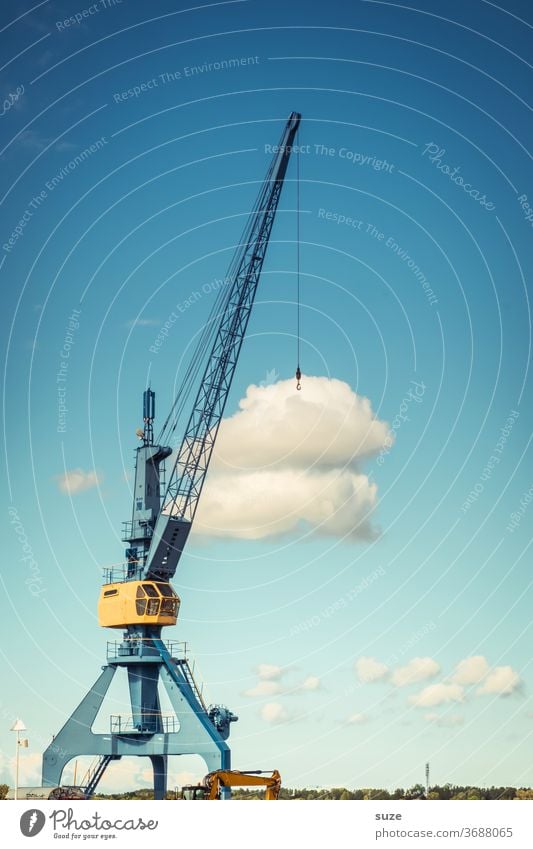 Cloud Service - Data transmission Crane Sky Clouds Harbour Industry Blue Steel Metal Weight Work and employment Heavy Construction site Tall Lift Logistics