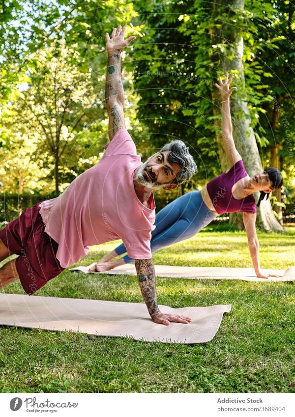 Couple practicing yoga in Side Plank position in park side plank couple pose phalakasana together healthy practice harmony nature sunny relationship concentrate